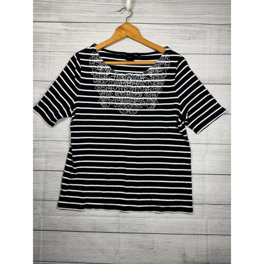 Rafaella Women's XL Black White Striped Embroidered Square Neck Top 4775